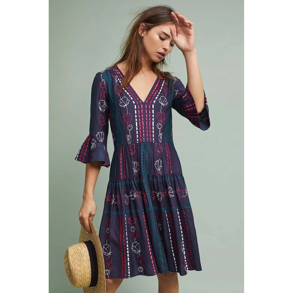 Akemi + Kin Navy Blue Embroidered Floral Tiered Boho Dress V-Neck 4 Whimsy Boho